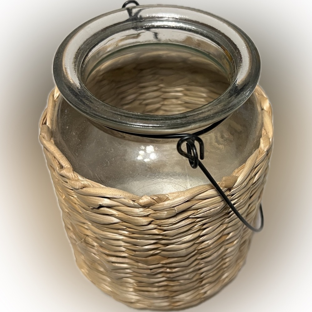 💥Glass Jar Metal Handle Straw Wicker Wrapped Candle Jar Twine Vase Storage